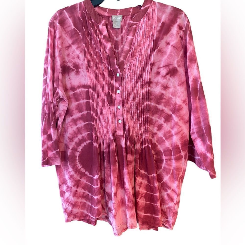 Chico’s Sz 2/M/12 Pink Cotton Tie-Dye Relaxed Fît Button Pleated Front Tunic